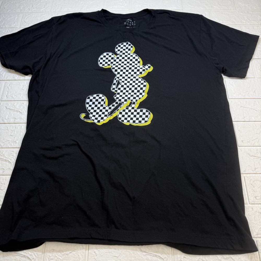 Disney Mickey Mouse Checkered Graphic T-Shirt Black XXL 2XL Short Sleeve Cotton